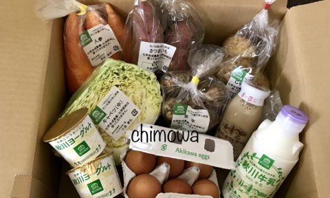 秋川牧園のお試しセット(化学農薬・化学肥料不使用の人参、さつまいも、キャベツ、里芋、じゃがいも、カフェオレ、牛乳、卵、ヨーグルト2点)の写真