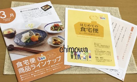 食宅便から届いた無料パンフレット『はじめての食宅便』と『商品ラインナップ』の写真